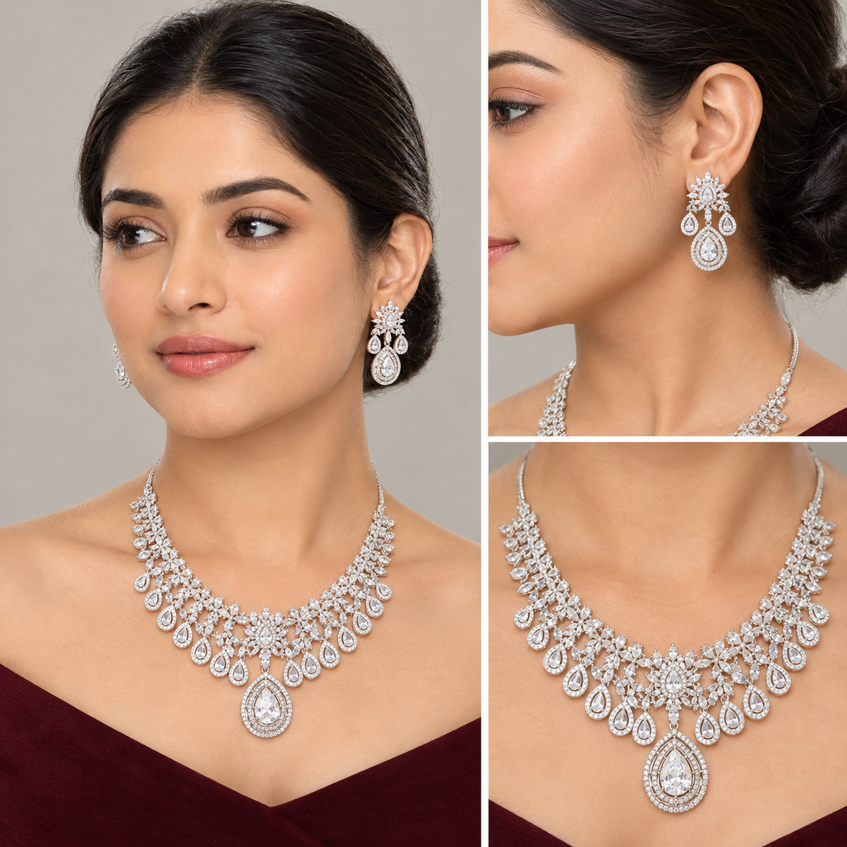 Necklace Set with Earrings | Silver Finish Wedding Jewellery