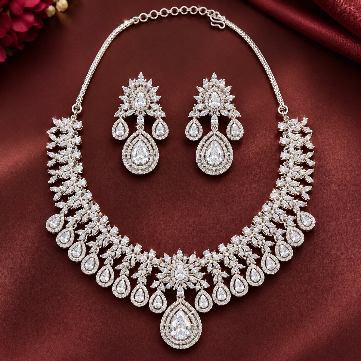 Necklace Set with Earrings | Silver Finish Wedding Jewellery